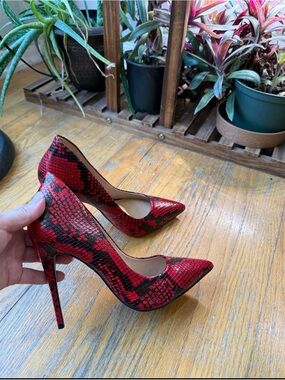 Aldo Red and Black Snake-Print Pointed Stilettos
